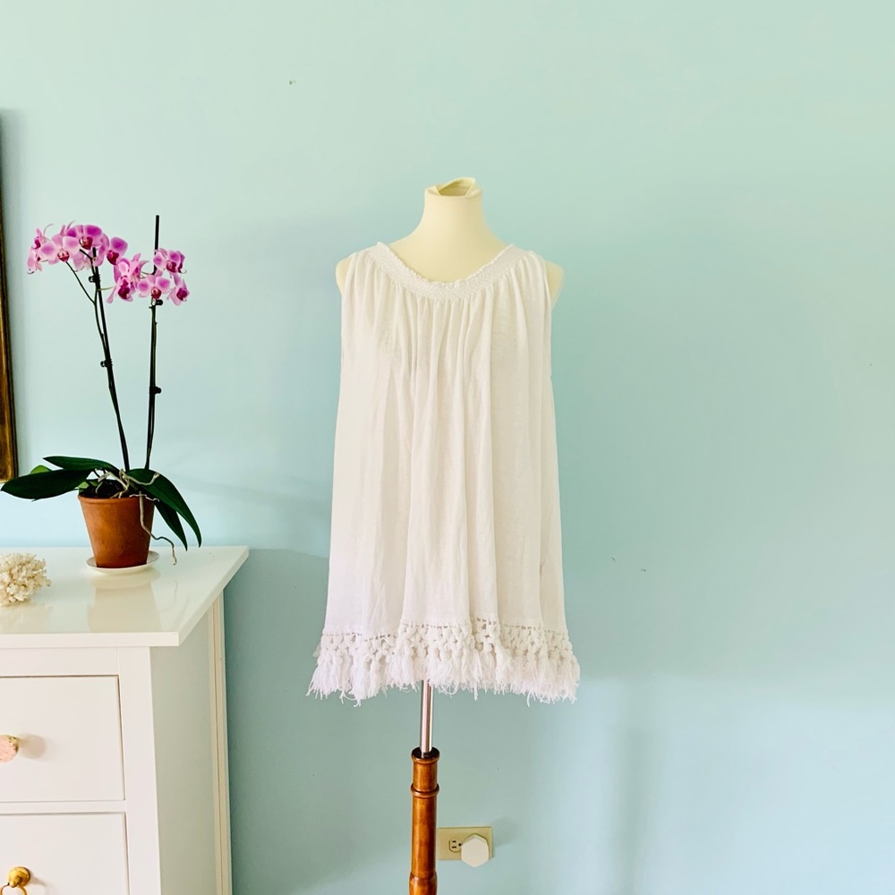 Calypso St Barth White Cotton Linen Tasseled Tunic